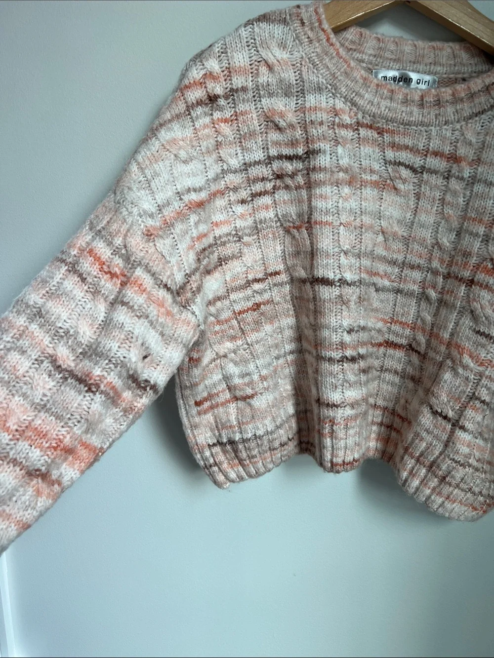 Madden Girl | Pink Brown Coral Cream Cropped Cable-Knit Sweater Size L
